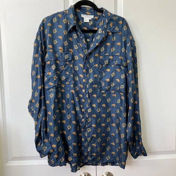 Vintage St. Michael Silk Shirt Mens L  Hunting Equestrian Novelty Print Navy Blu - Picture 3 of 14